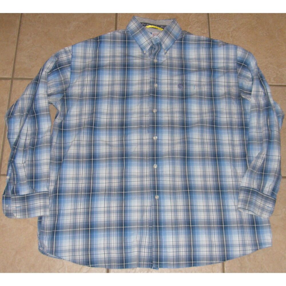 WRANGLER GEORGE STRAIT Mens Sz XXL Blue Plaid Cowboy Fit Button Up Cotton Shirt